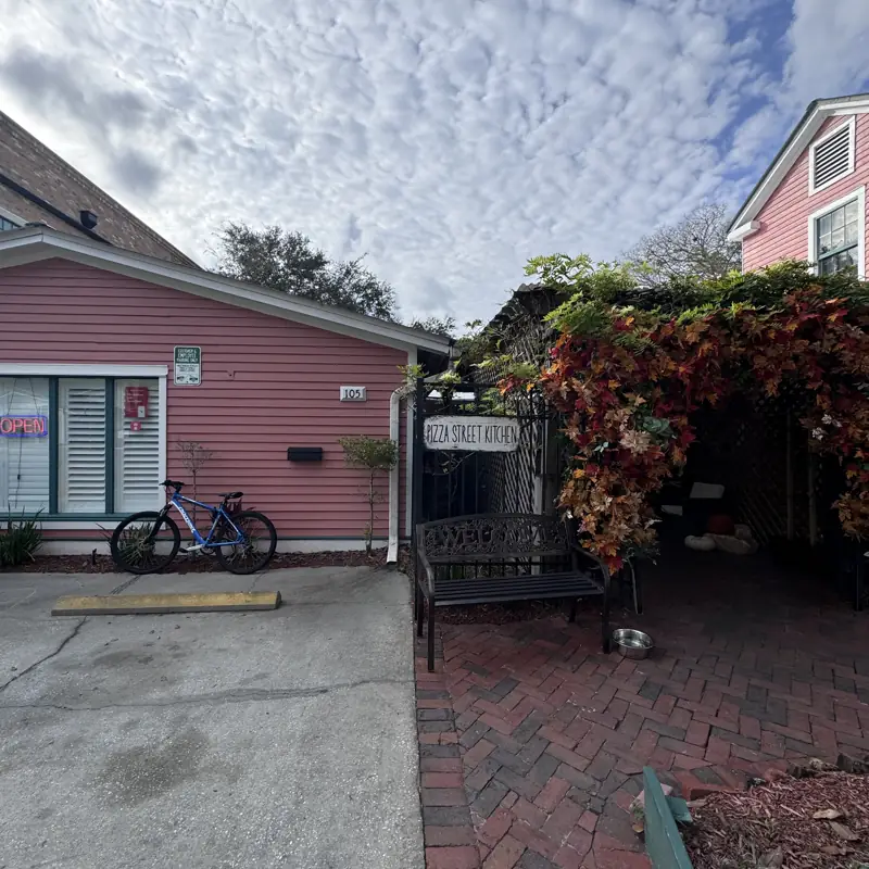 The courtyard entrance to Pizza Street Kitchen, shared with Garden Street Bistro