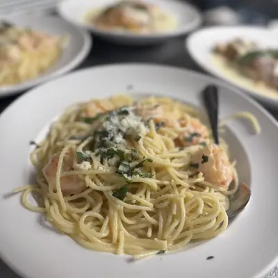 A bowl of pasta with local shrimp